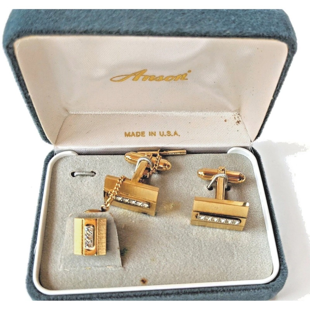Vintage Men's Anson Tie Bar Cufflinks Set Rhinestones With Original Box USA